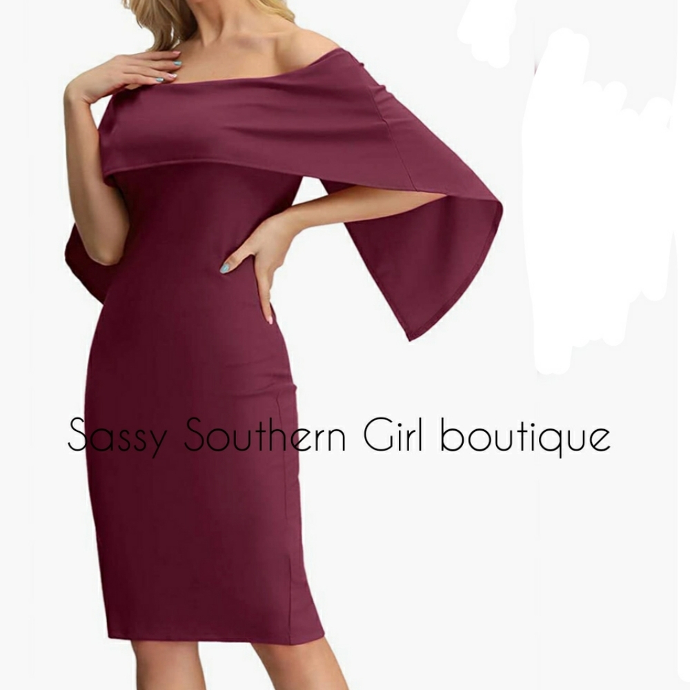 ⭐🆕Wine red off shoulder cape dress - Picture 4 of 7